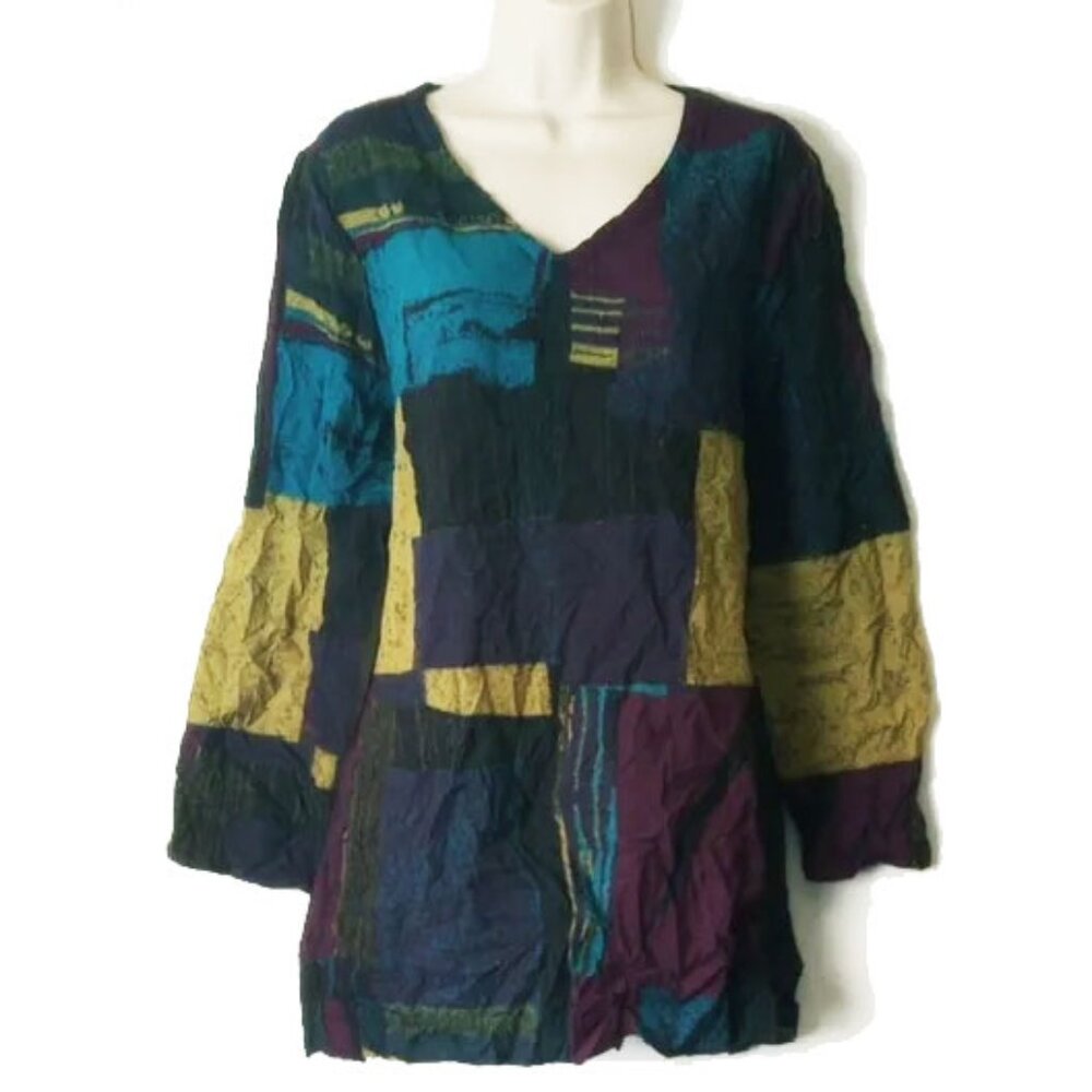 Liv by Habitat Clothese Crinkle Flare Tunic Top M Purple Teal Chartreuse